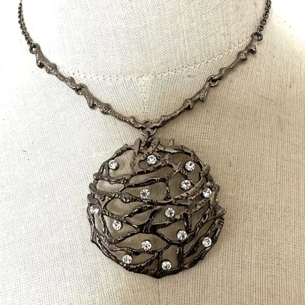 Cookie Lee grey rhinestone circle branch pendant necklace